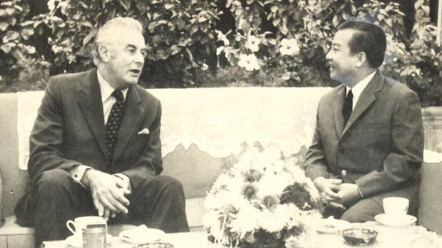 Australian Prime Minister Gough Whitlam meeting Norodom Sihanouk in Beijing in November 1973.