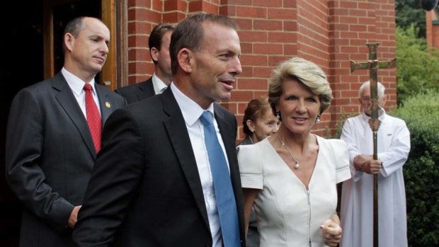 Opposition Leader Tony Abbott and his deputy Julie Bishop outside St Paul's church.