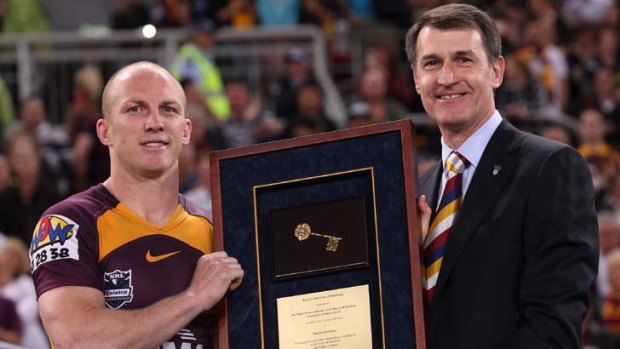 Legend ... Darren Lockyer is given the key to the city of Brisbane.