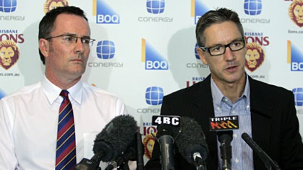 Departing Lions CEO Michael Bowers (left) with club chairman Angus Johnson.
