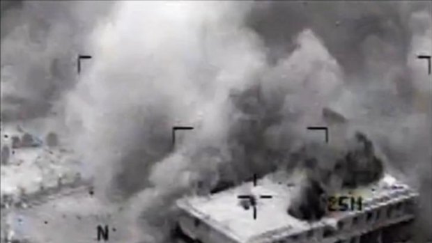 Video released by US Central Command showed a building in Tall Al Qitar, Syria, moments after a US airstrike.