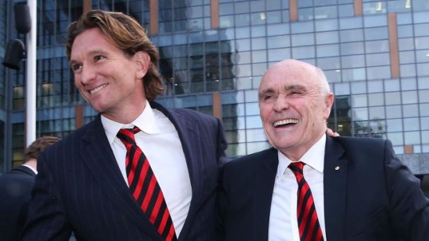 Suspended Essendon Bombers coach James Hird (left) and Bombers Chairman Paul Little outside the Federal Court.