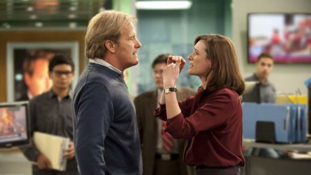 Emotional thrills: Will McAvoy (Jeff Daniels) and MacKenzie McHale (Emily Mortimer) spark up amid legal drama in <i>The Newsroom's</i> second season.