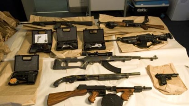 The  automatic pistols, Thompson sub-machine-gun,  Kalashnikov machine-gun,  automatic shotgun and three assault rifles with scopes police said they found