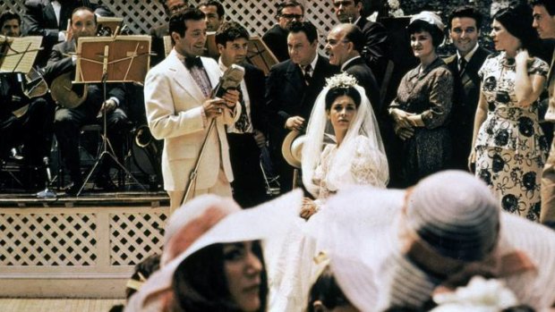 Mafia Bride ... Al Martino as Johnny Fontane sings to American actress Talia Shire playing the bride Constanzia in the wedding scene from The Godfather.