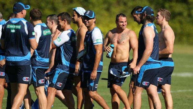 Coach Laurie Daley and NSW players at their Coffs Harbour State of Origin camp.