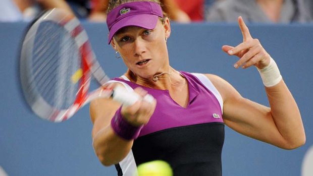 Samantha Stosur in action against Nadia Petrova of Russia during the US Open in 2011.