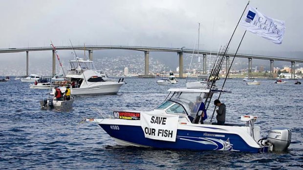 Recreational fishers rally near Hobart's Tasman Bridge against the super trawler Margiris.
