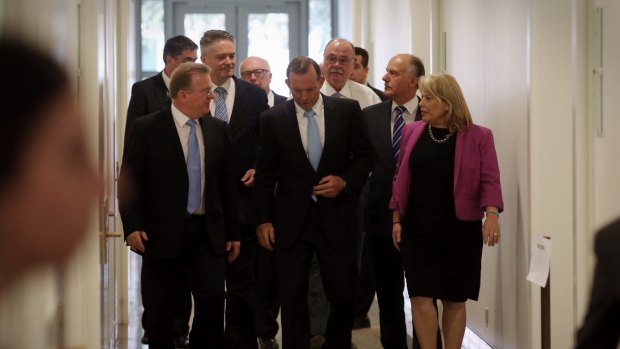 Prime Minister Tony Abbott emerges from the the Liberal party room after surviving a leadership spill.