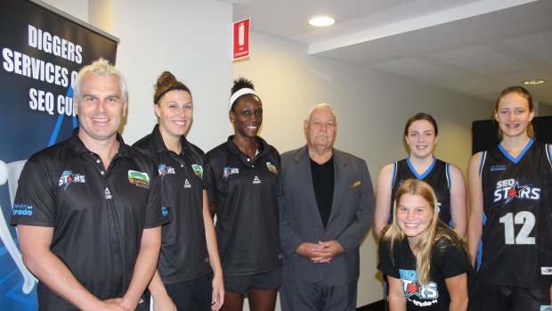 SEQ Stars head coach Shane Heal, Stars imports Jordan Hooper and Ify Ibekwe,Logan Diggers' Alan Ploenges and Academy players Emma Read, Ashlee Hannan and Shyla Heal at the official launch of the Diggers Services SEQ Cup on Wednesday.