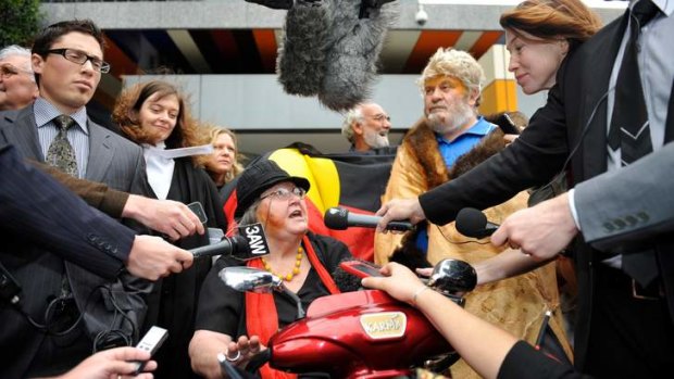 Activist Pat Eatock speaks to media after the Federal Court found in 2011 that columnist Andrew Bolt had breached the Racial Discrimination Act.