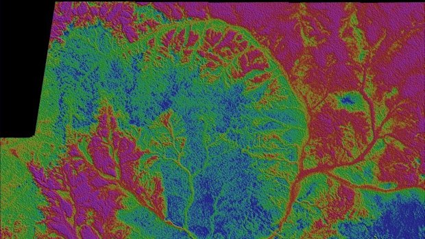 Radiometric image of Woodstock area in north-west Queensland, showing the natural counts of potassium (red), thorium (green) and uranium (blue).