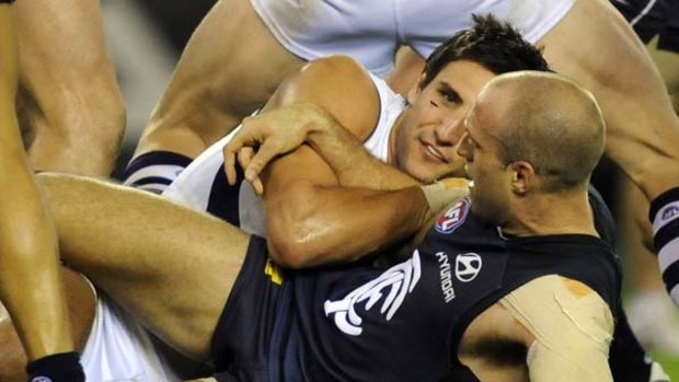 Matthew Pavlich sports a cut cheek after clashing with Chris Judd. Did this incident have anything to do with the decision to charge Steven Baker?