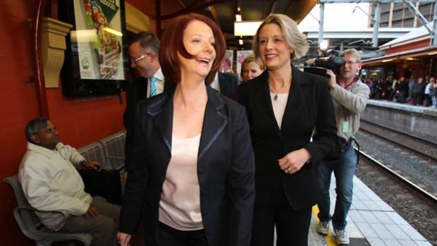Prime Minister Julia Gillard at Parramatta station with NSW Premier Kristina Keneally, where they made one of Labor's campaign mistakes - announcing the Epping to Paramatta Rail Link..