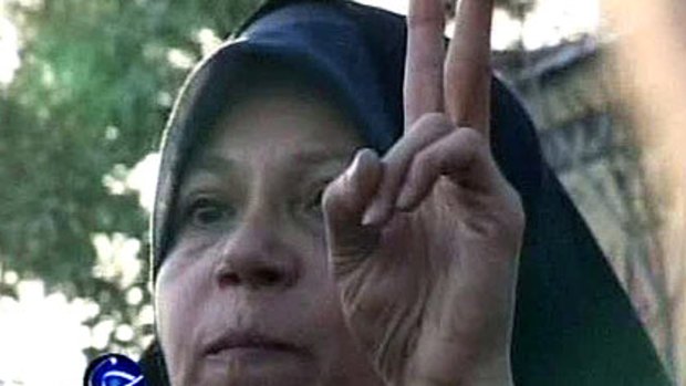 An image from a video shows Faezeh Hashemi speaking to supporters of opposition candidate Mir Hossein Mousavi on June 17th.