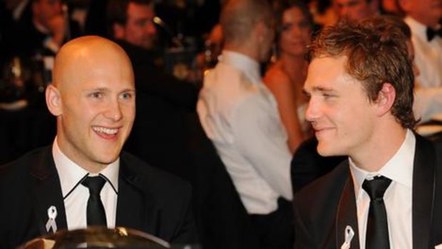 The 2009 Brownlow medallist Gary Ablett (left) shares a happy moment with Geelong teammate Joel Selwood at the count last night.