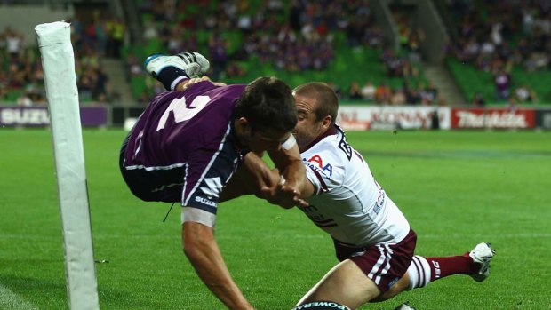 Tight fit ... Matthew Duffie scores in the corner.