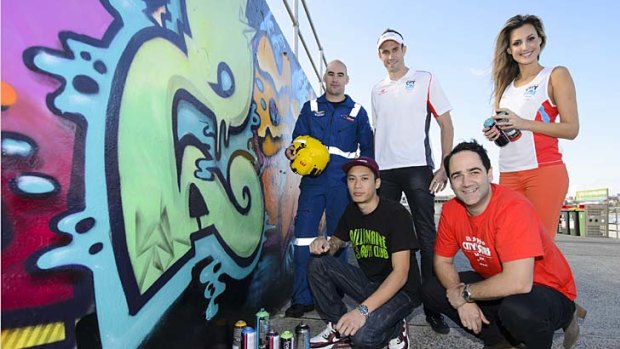 Support act &#8230; clockwise from top left, Keith McReynolds, ambassadors Fitzy, Laura Dundovic and Wippa, and artist Stephen Dokrugglang.