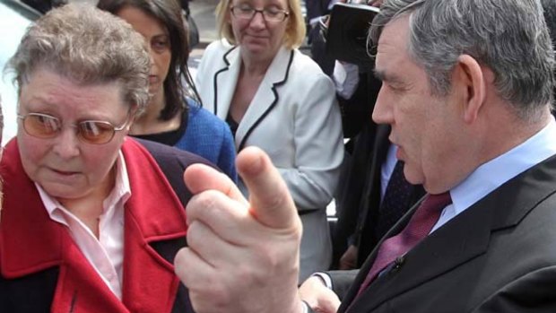 Woops ... a wired-up Gordon Brown meets Gillian Duffy.