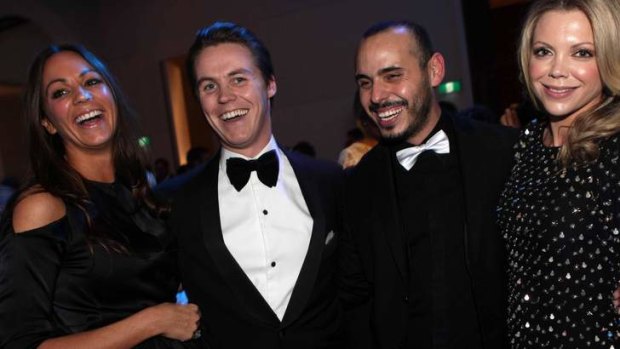 Party set &#8230; Oliver Curtis (second from left) with Rachel Gilbert and Fernando Barraza at the Cleo Bachelor of the Year Awards.