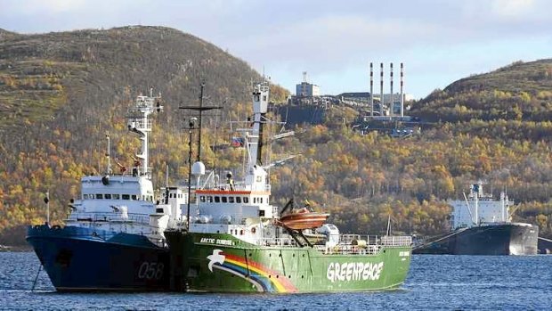 The Greenpeace ship Arctic Sunrise anchored outside the Arctic port city of Murmansk.