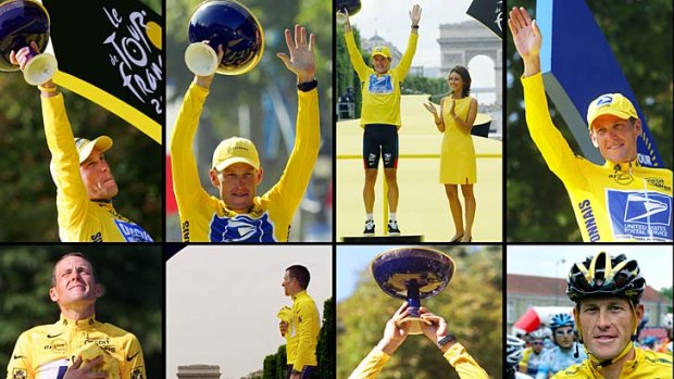 Moments of glory, moments of shame: AFP pictures taken (left to right, top to bottom) in 2005, 2004, 2003, 2002, 2001, 2000 and 1999 of US cyclist Lance Armstrong posing on the podium on the Champs-Elysees after winning the Tour de France. On the bottom right, Armstrong shows seven fingers in 2005 meaning seven victories. He has been stripped of all the titles.