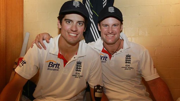 Alastair Cook and Andrew Strauss celebrate England's 2011 Ashes victory.