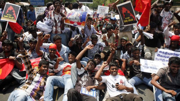 Reverberations on the mainland ... Indian Tamil activists in Chennai protest against Sri Lanka's alleged wartime abuses, which now threaten the stability of the Indian government.