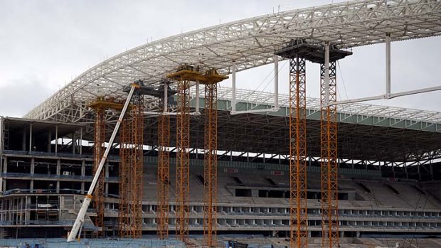 An exterior view of the Arena de Sao Paulo under construction in Sao Paulo, Brazil.