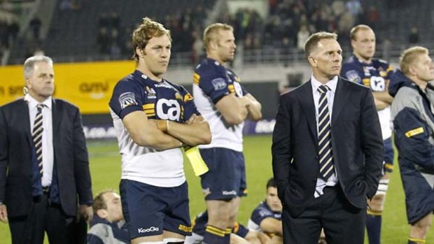 Andy Friend coach of the Brumbies (R) with his captain Stephen Hoiles after the loss against the Crusaders on Friday.