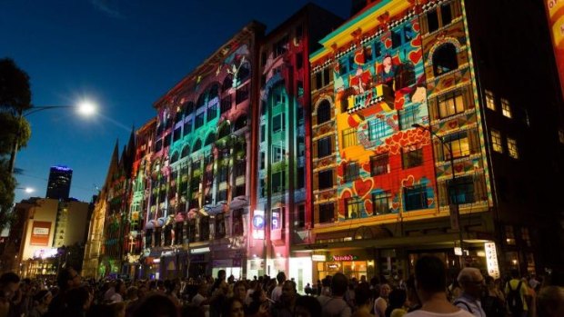 Flinders Street is illuminated by lights during White Night.