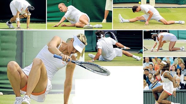 Clockwise from main: Maria Sharapova, Kei Nishikori, Kaia Kanepi, Grigor Dimitrov, Petra Cetkovska and Serena Williams at Wimbledon in week one. <em>Photos: AP</em>
