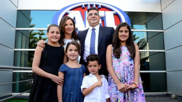 CEO of the AFL Andrew Demetriou announcing that he will step down from the role later in the year. Pictured with wife Symone and kids, Alexandra, Mattea, Sacha and Francesca.