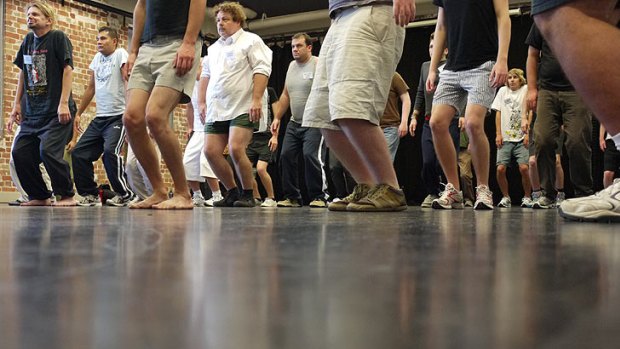 Brisbane men audition for a part in Untrained, a dance production bound for the Judith Wright Centre that stars two professional dancers alongside two amateur dancers.