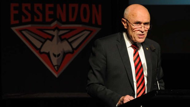 Essendon chairman Paul Little addresses the club's annual meeting on Monday. He was not impressed with John Fahey's comments about the Bombers.