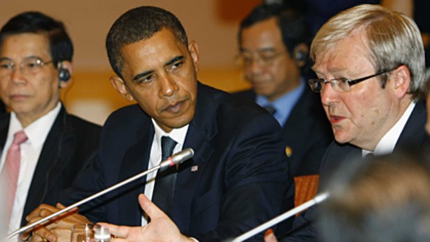 No deal ... Barack Obama and Kevin Rudd were among the world leaders who met in Singapore over the weekend for the APEC forum, during which it was conceded that a new global treaty was unlikely to be created in Copenhagen next month.