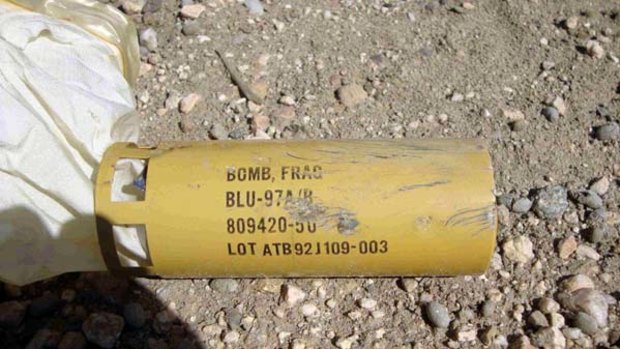 A tell-tale fragment . . . Amnesty says it is an unexploded cluster bomblet from a Tomahawk missile.