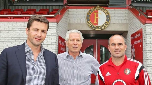 Planning ahead: Sydney FC chairman Scott Barlow (left) and soon-to-be board member Han Berger, centre, visiting Dutch club Feyenoord as part of a fact-finding mission on youth academies.