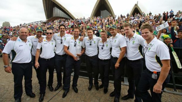 The gang's all here: The victorious Australian team pose for photos at a gala reception outside the Opera House on Tuesday