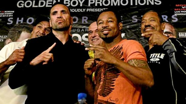 No deal: Anthony Mundine and Shane Mosley.