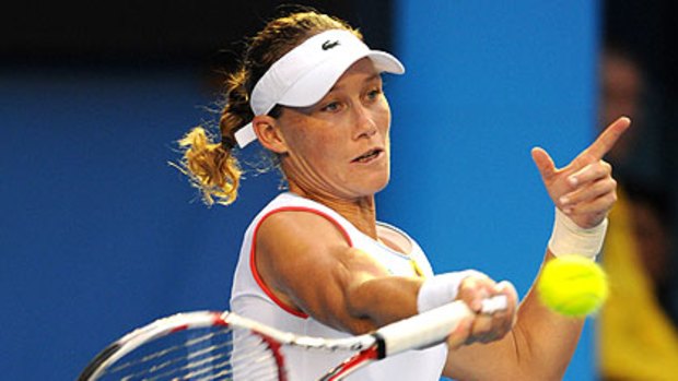 Samantha Stosur in action during her straight-sets loss to Petra Kvitova in the third round of the Australian Open.