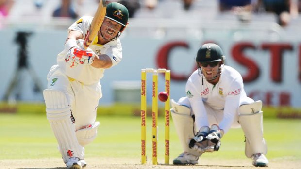 Right back at you: David Warner in full flight against South Africa.