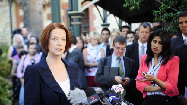 The Age News PM Julia Gillard at a Press Conference in Adelaide after Kevin Rudd resigned as Foreign Minister overnight in Washington D.C.