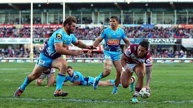 Eyes on the finals: Jorge Taufua scores a try at Brookvale Oval.