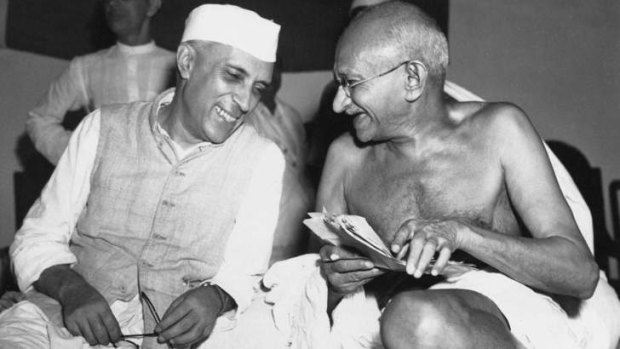 Gandhi, right, laughs with the man who was to be the nation's first prime minister, Jawaharlal Nehru.