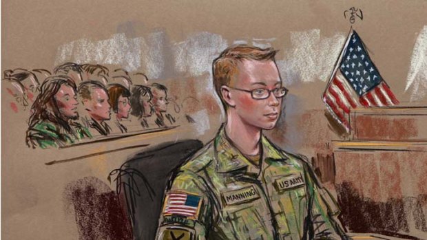Sketched ... U.S. Army Private Bradley Manning as seen in a courthouse at Fort Meade, Maryland.