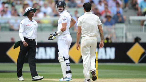 Mitchell Johnson becomes frustrated with Kevin Pietersen backing away from the crease during his delivery stride.