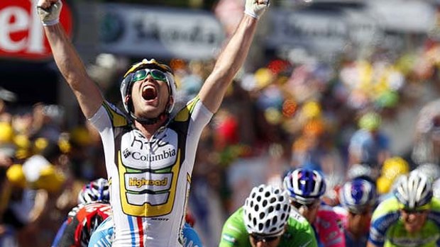 Victory at last . . . Sprint Mark Cavendish celebrates as wins his first stage of this year's Tour de France.