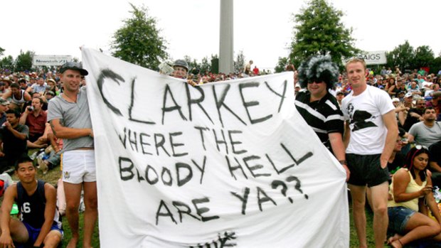 Gone, but not forgotten ... Kiwi fans at yesterday's ODI match in Hamilton have a bit of fun with Michael Clarke's abrupt departure.