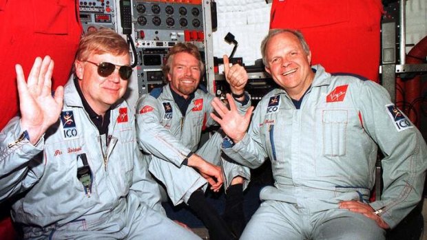 Boy's own adventures … Branson with Per Lindstrand (at left) and the late Steve Fossett in the capsule of their hot-air balloon, 1998.